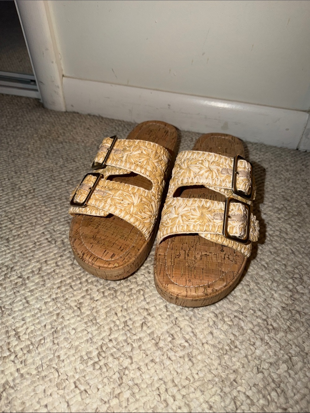 Crown Vintage Straw-Style Double Buckle Slide Sandals in Beige